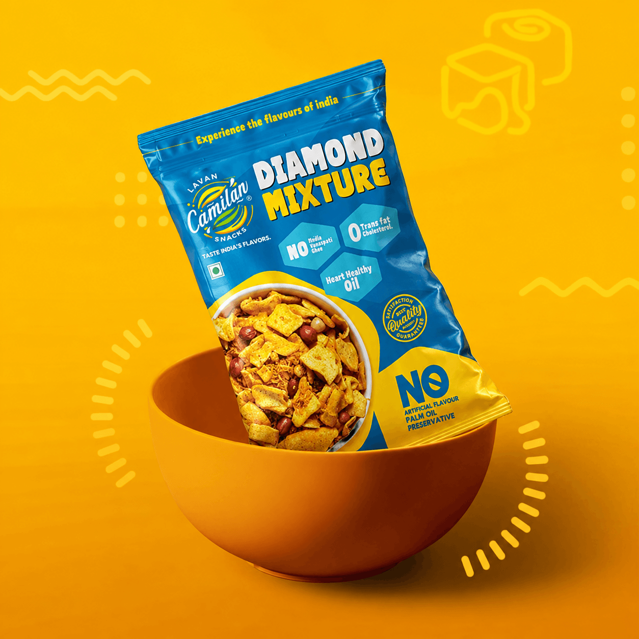 Diamond Mixture pouch standing in an orange bowl on a yellow background